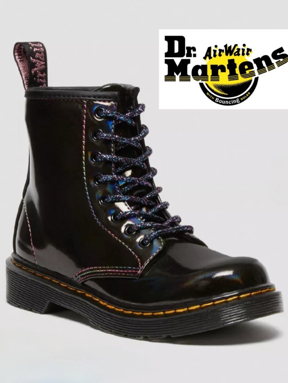 Dr. Martens Kid's Sparkle Ray Black Boots Sz. 3 Iridescent 1460 Rainbow EUC